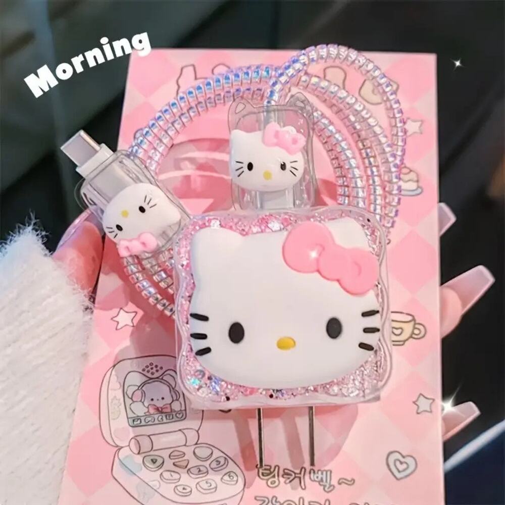 Cute Kawaii Hello Kitty Cat Pink Glitter USB Charger Cable Protector